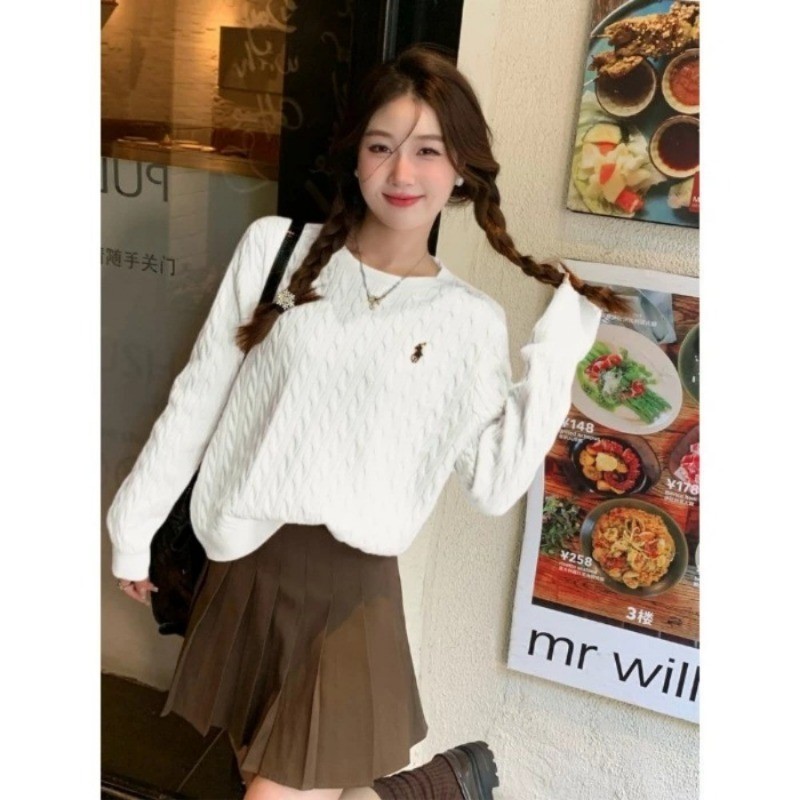 Áo len dệt kim tay dài thêu ngựa phong cách Hàn Quốc, họa tiết xoắn dây - cổ tròn màu trơn mềm mại | BigBuy360 - bigbuy360.vn