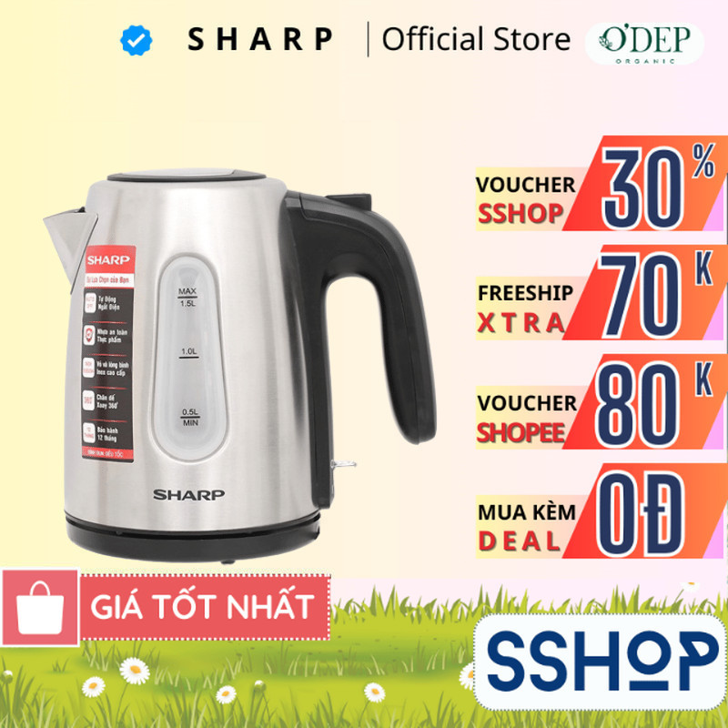 Bình siêu tốc Sharp 1,5 Lít Chính hãng, công suất cao đun sôi nhanh EKJ-15EVS-ST - Thương hiệu Nhật 