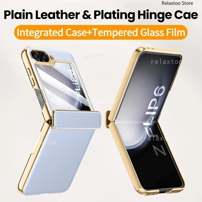 Plating Leather Hinge Casing For Samsung Galaxy Z Flip6 Flip5 zFlip Z Flip 6 5 ZFlip6 ZFlip5 5G 2024