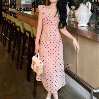Đầm Lovito xếp nếp họa tiết chấm bi phong cách thường ngày cho nữ LNE57650