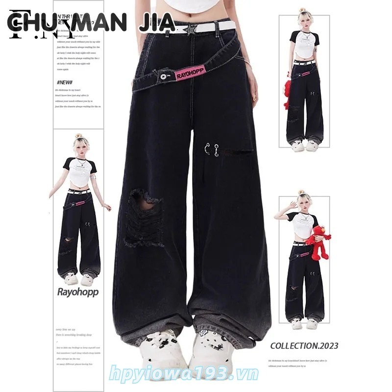 Chu MAN JIA Quần jean nữ Gradient rách quần nhỏ kiểu Pháp thẳng lưng cao ôm quần ống rộng