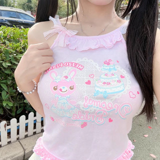 Mùa Hè Nhật Bản Phong Cách Dễ Thương Nấm Ren Cổ Tròn Áo Thỏ Ngọt Bánh In Áo Thun Ngắn Top Nữ
