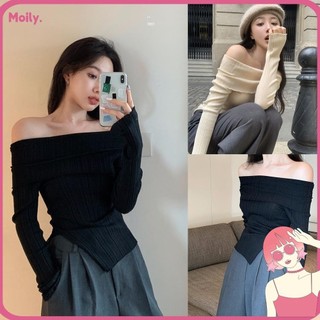Áo thun cắt tỉa MOILYVN, Quần áo Y2k chắc chắn Áo thun dài tay, Áo ôm vai gợi cảm Áo Crop top nữ