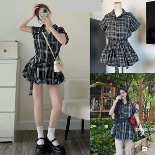 Set áo sơ mi liền thân kẻ sọc tay hến dáng ngắn kèm đai lưng, set bộ nữ liền thân cộc tay cổ sơ mi