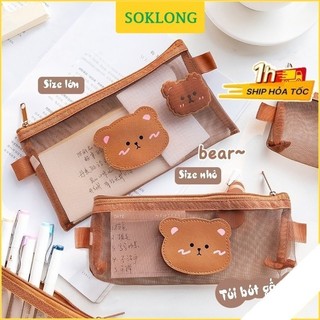 Túi đựng bút hình gấu dễ thương vải lưới K36 - bóp viết hộp bút đa năng
