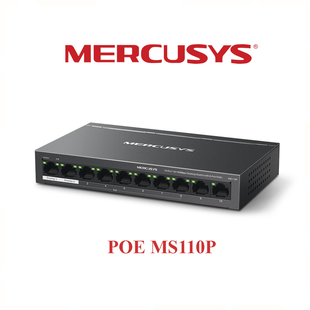Switch Chia Mạng Mercusys MS110P (10 cổng 10/100Mbps với 8 cổng PoE+, vỏ kim loại) - Bảo hành 24T