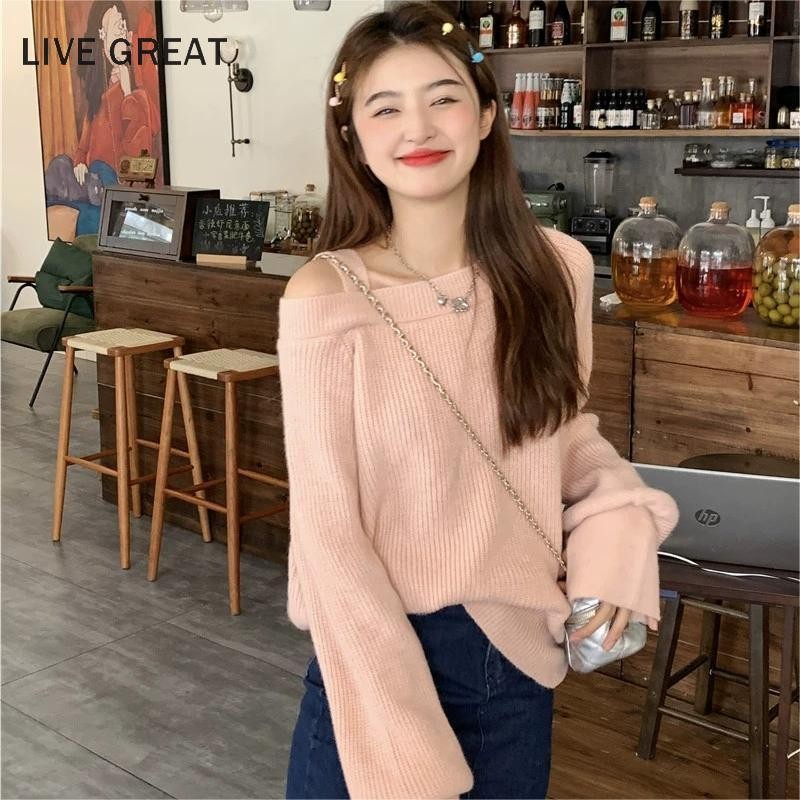 Áo len nữ LIVE GREA Áo len dệt kim lệch vai Nhật Bản và Hàn Quốc dáng rộng thiết kế dễ thương giản dị