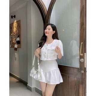 Sét Dạ Ngắn Trắng Váy Chun Xoè JARI-CLOTHES Đuôi Cá Tay Lửng Dễ Thương Phong Cách Hàn Quốc