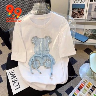 Hàng Châu Âu Đính Hạt Gấu Giảm Tuổi Phong Cách Phương Tây Áo Thun Nữ Tay Ngắn Rời Mùa Hè 2023 Phong Cách Mới Giữa Chiều Dài