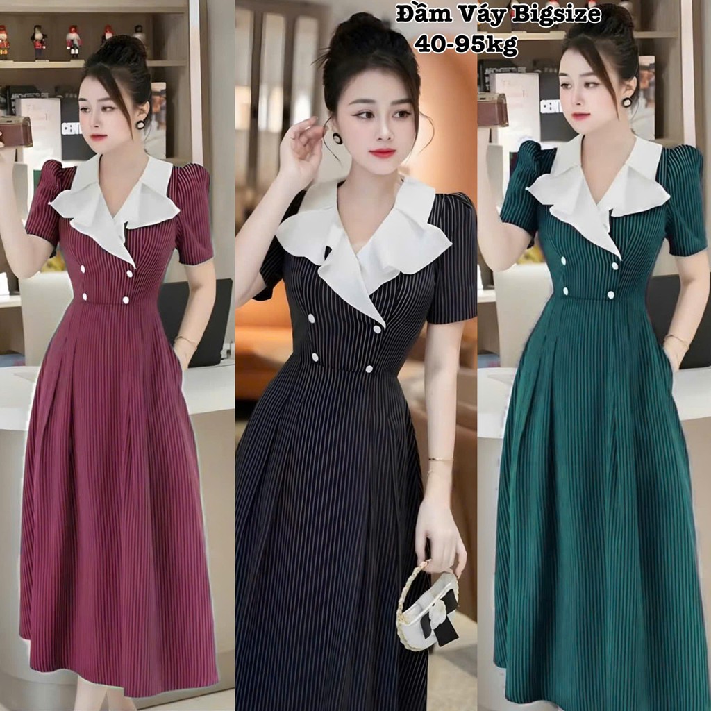 Đầm Váy Bigsize Thiết Kế Kẻ Sọc Cổ Bèo Vest Dáng Dài Nữ Cao Cấp Xinh Đẹp Sang Trọng Dự Tiệc Dễ Thươn