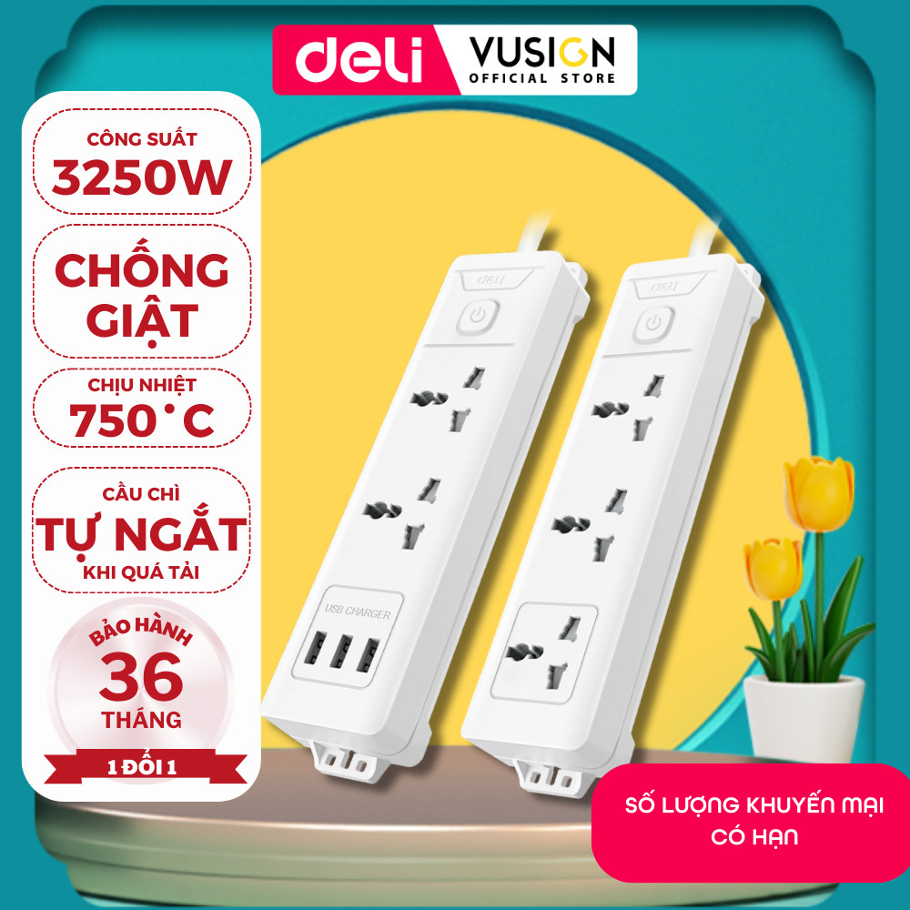 Ổ Cắm Điện DELI từ 2-12 Lỗ Cắm - Tích Hợp Cổng USB Type C Công Suất 2500W - 3250W Chống Giật An Toàn
