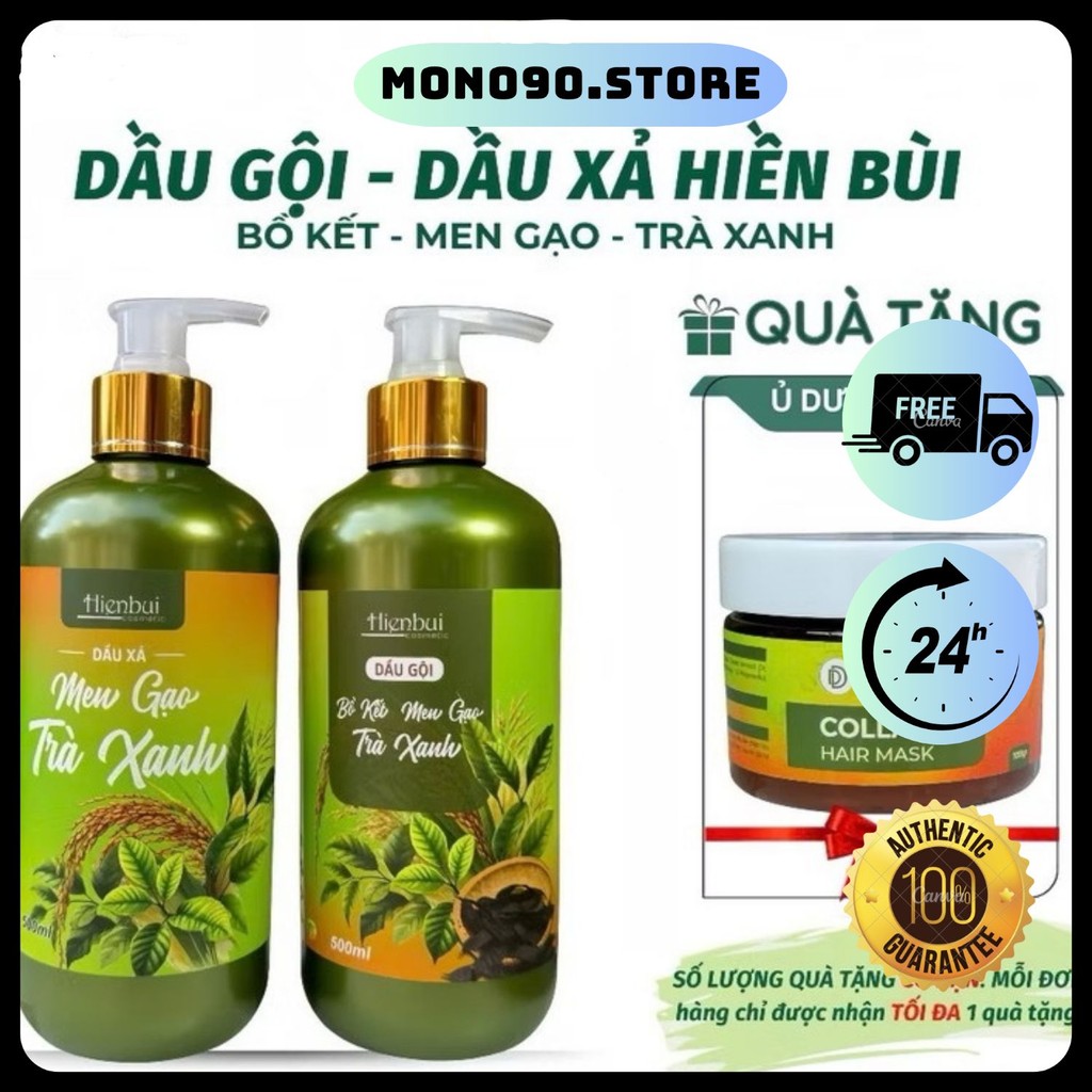 Dầu Gội & Xả Hiền Bùi Bồ Kết Men Gạo Trà Xanh 500ml,Kích mọc tóc,Ngăn dầu,Giúp tóc mềm mượt
