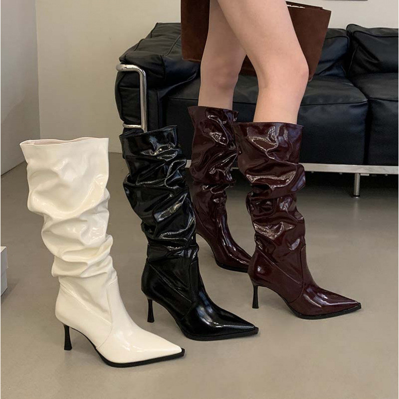 Mũi Nhọn Retro Cọc Giày Bốt Stiletto Hiệp Sĩ Giày Bốt 7cm Cao Gót Tây Cao Bồi Nữ Giày Bốt