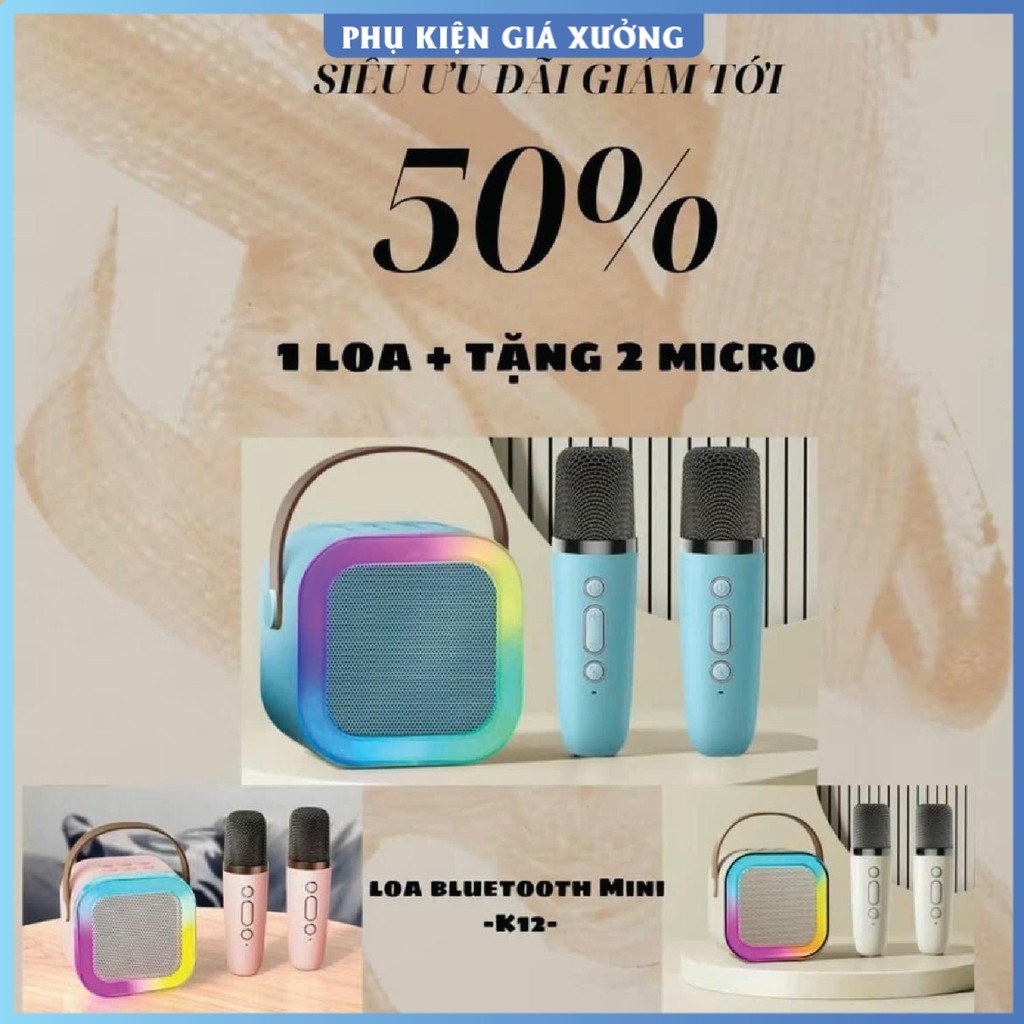 Loa Bluetooth Karaoke Mini 2 Mic K12 – CÓ ĐÈN LED – Loa Karaoke Mini. Loa mini. Loa K12. Loa kéo kar
