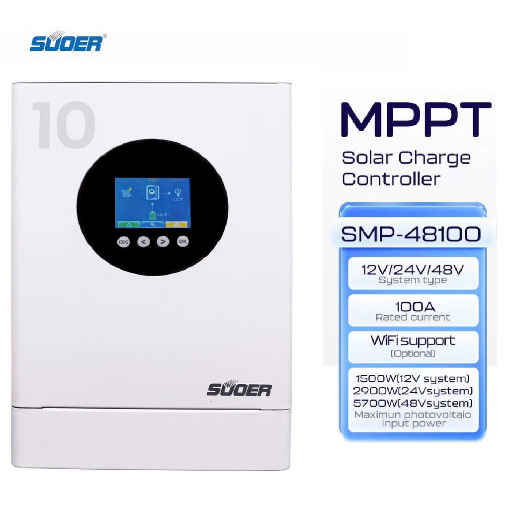 Bộ điều khiển sạc năng lương mặt trời MPPT chính hãng SUOER SMP 100A | 12V/24V/48V MẪU MỚI -100A MẪU