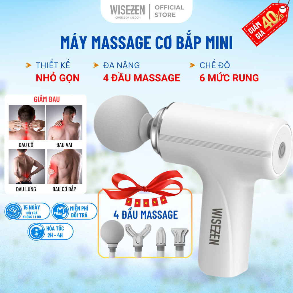 Máy Massage Cầm Tay Mini Súng Massage Cầm Tay Đấm Lưng Mát Xa Trị Liệu Cổ Vai Gáy 4 Đầu 6 Chế Độ Wisezen