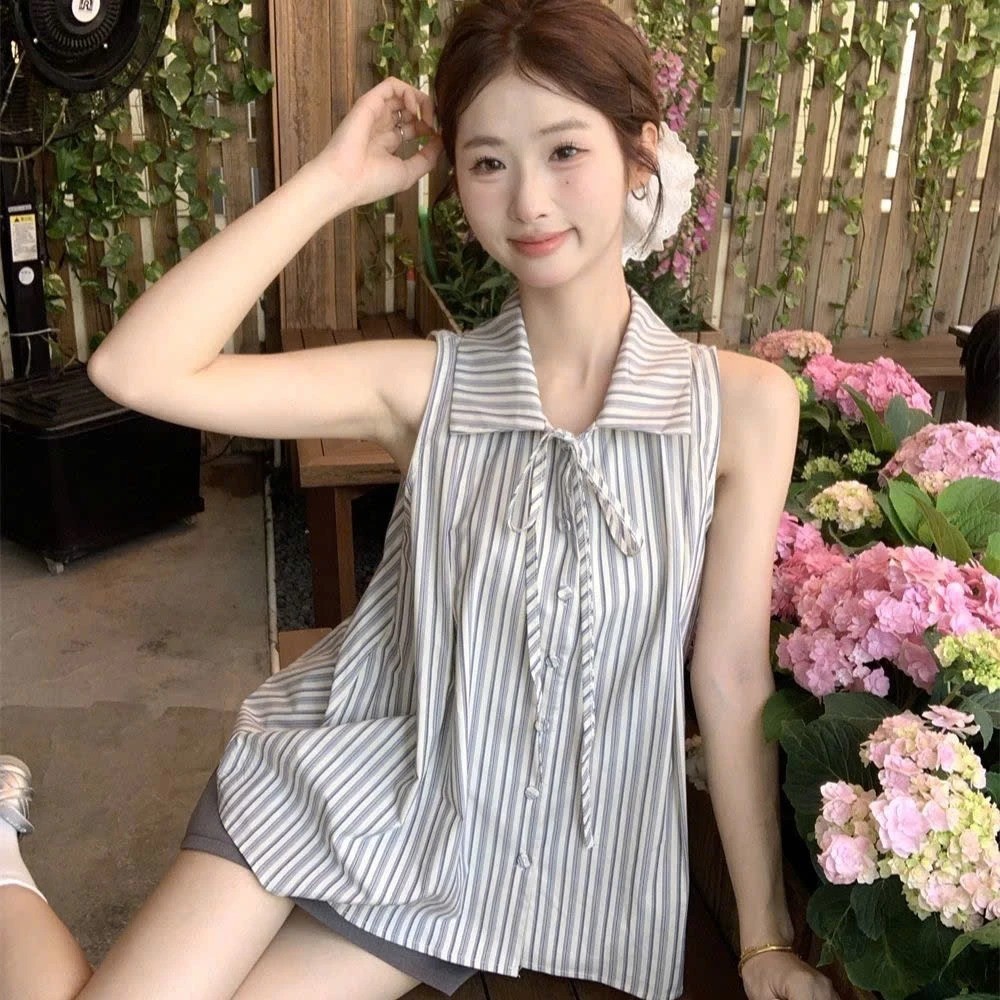 Áo sơ mi không tay kẻ sọc kiểu Pháp ngọt ngào, dáng babydoll Hàn Quốc rộng rãi cơ bản, áo nữ có nơ | BigBuy360 - bigbuy360.vn