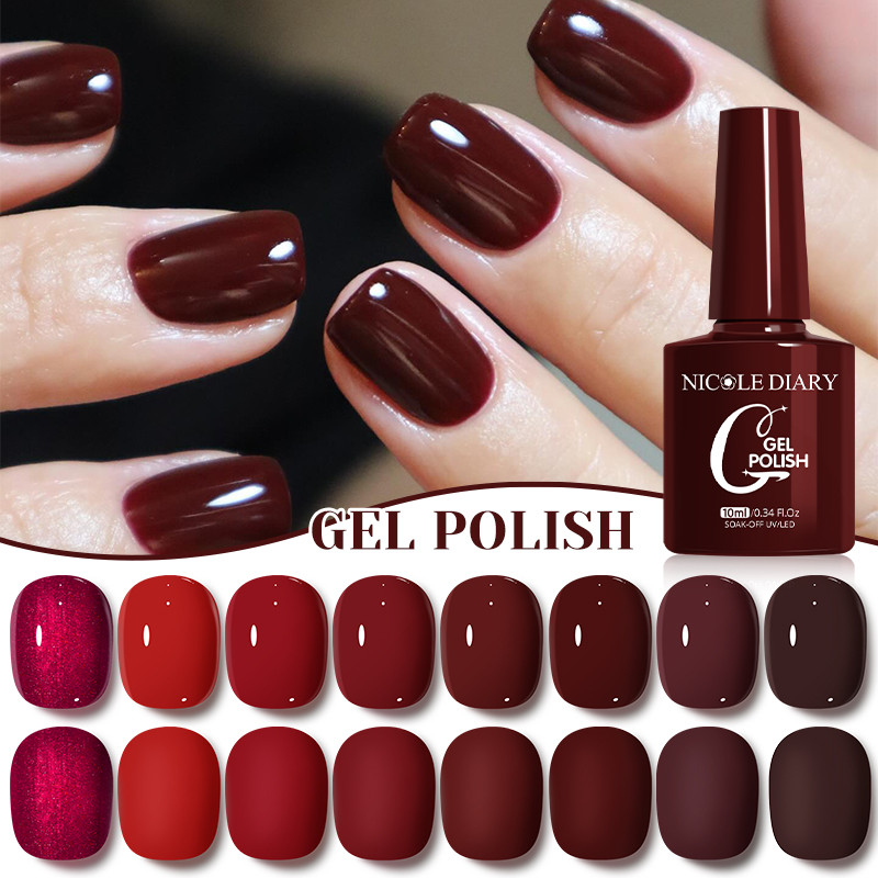 NICOLE DIARY Rượu Vang Đỏ Móng Tay Gel Màu Phổ Biến Đế Top Coat Gel Móng Tay UV LED Ngâm Tắt Gel 10M