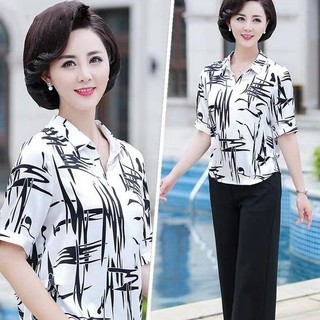 2024 Phong Cách Mới Giữa Nữ Mẹ Quần Áo Trung Niên Người Cao Tuổi Áo Sơ Mi Nhỏ Áo Sơ Mi Voan Tay Ngắn