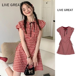 Váy nữ LIVE GREA tay bay kẻ sọc nơ phong cách ngắn dễ thương Hàn Quốc