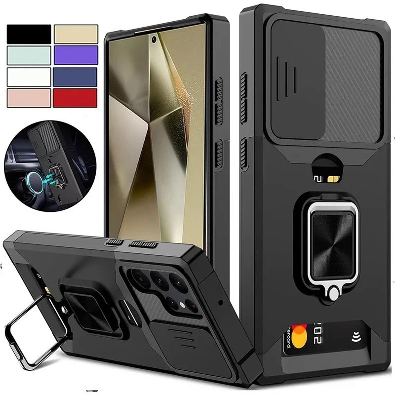 Vỏ Điện Thoại Chống Sốc Giáp Cho Samsung S24 S23 S22 S21 Ultra Plus S23 S21 S20 FE Note 20 Plus A55 A35 A15 A25 Giá Đỡ Thẻ Từ Tính Bảo Vệ Ống Kính Trượt Ốp Lưng Cứng