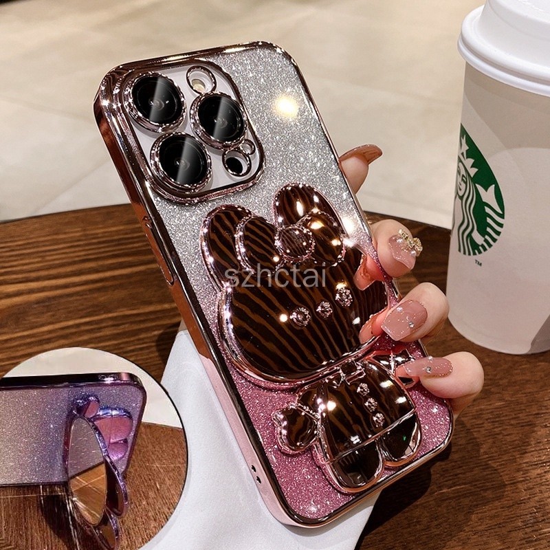 Ốp Điện Thoại iPhone 6 6s 7 8 Plus X XR XS Max 11 12 13 14 15 Pro Max 14 Max 15 14 Plus Ốp lưng Giá Đỡ Gương Bột Lấp Lánh Thời Trang Mạ Điện Silicon Mềm Vỏ Điện Thoại Thỏ Dễ Thương Chống Rơi