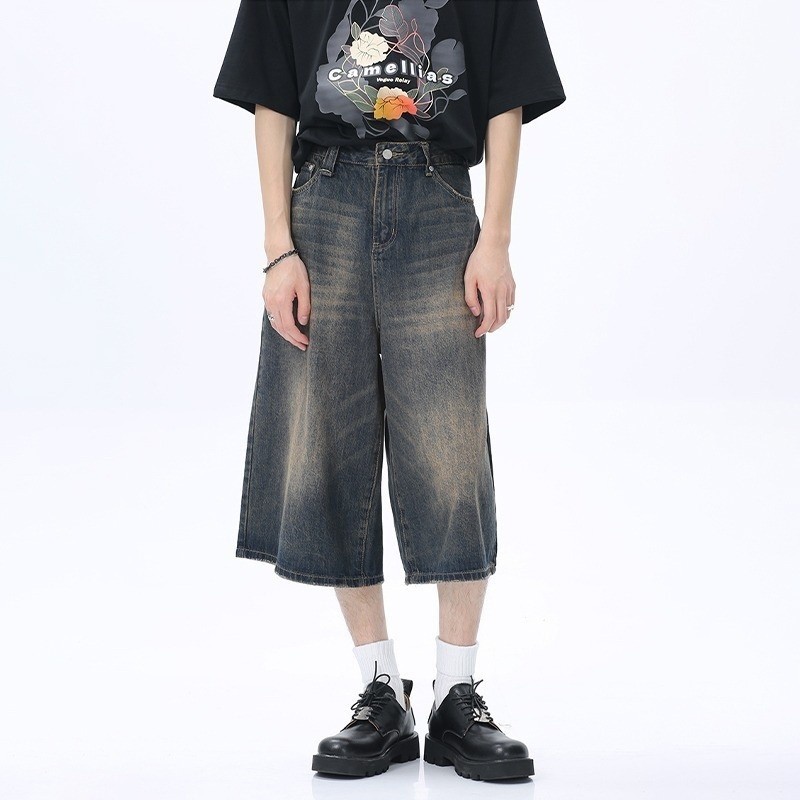 Vintage Rời Denim Quần Short Nam Hàn Quốc Quần Short Nữ Thời Trang Chân Rộng Quần Nam Cắt Thẳng Bagg