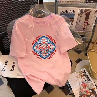Fashmily [100% Cotton] Áo thun ngắn tay ngoại cỡ mới in họa tiết Áo thun nữ Baggy Cổ tròn dáng rộng nhân quả 2024 Áo