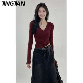 TINGTIAN áo phông áo thun nữ croptop baby tee Hàn Phong Vintage Fashion WTX23B0FIK 21Z240520