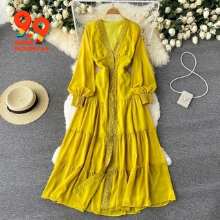 Đầm Dài Cổ Chữ V Phối Ren Phong Cách Retro Dành Cho Nữ