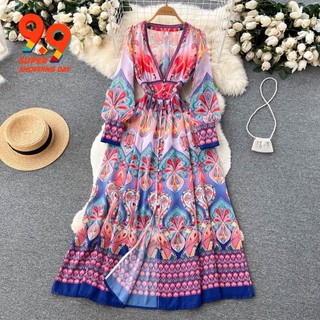 Đầm Tay Dài Cổ Chữ V In Họa Tiết Phong Cách Âu Mỹ Thời Trang Cho Nữ