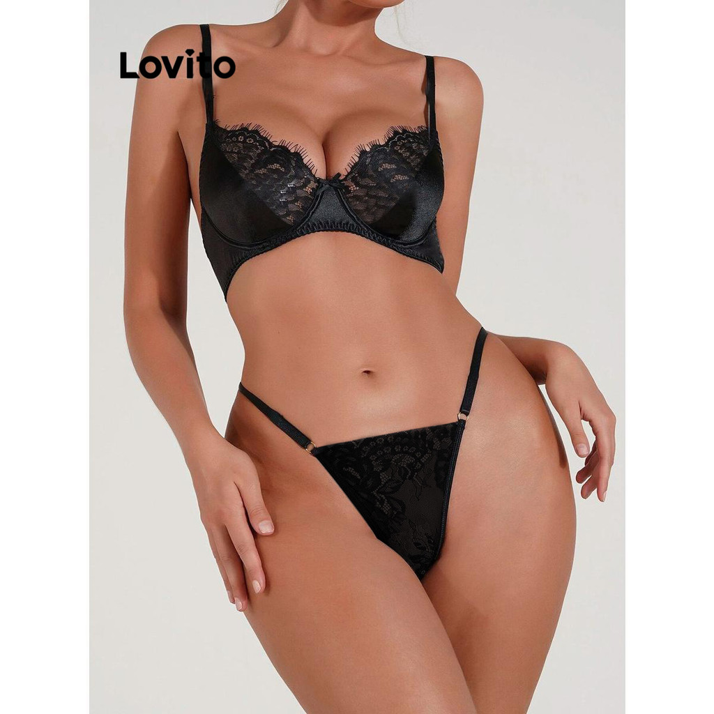 Lovito Bộ quần lót ren trơn gợi cảm cho nữ LNL69347