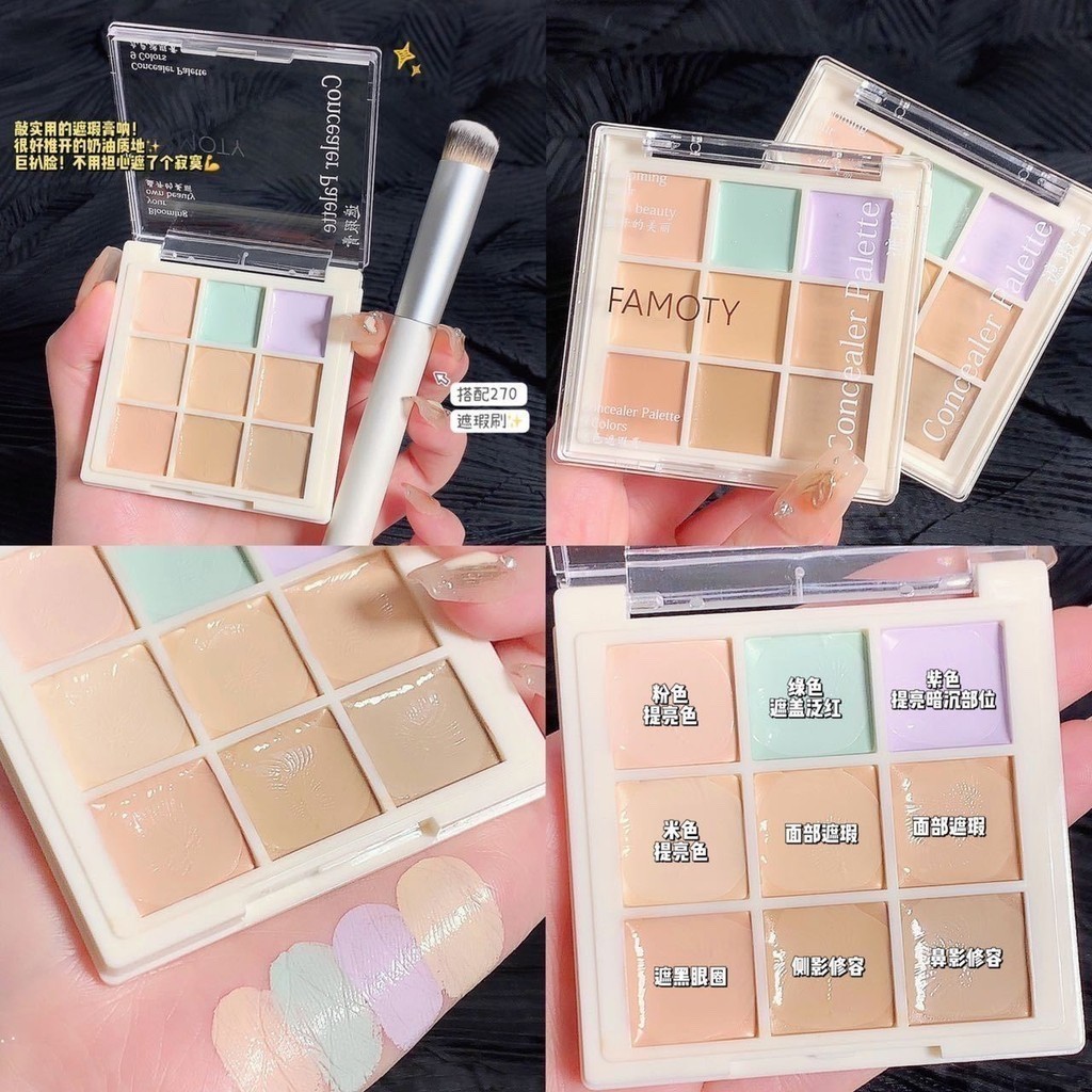 (1/3 tuýp, hộp) Bảng triệt sắc - che khuyết điểm 9 ô Famoty