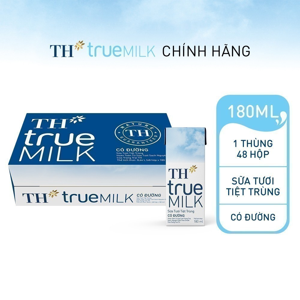 Thùng 48 hộp sữa tươi tiệt trùng TH true MILK có đường 180 ml (180 ml x 48)