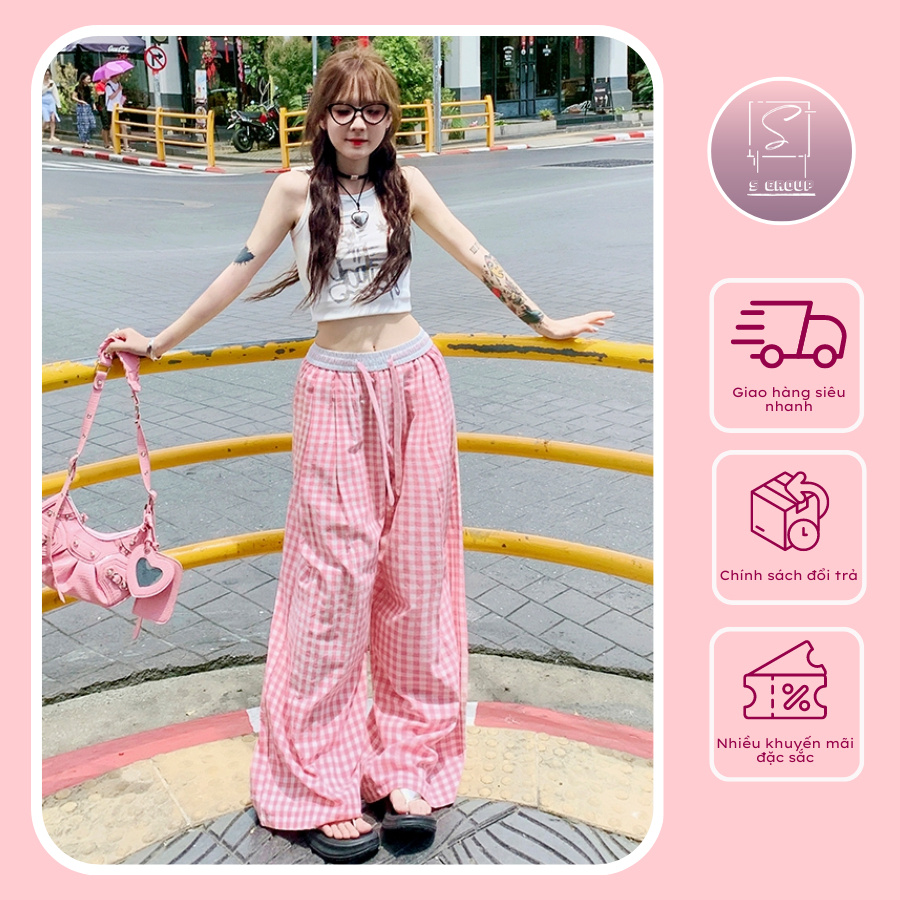 Quần Ống Suông Lưng Cao Kèm Dây Họa Tiết Kẻ Caro Hot Trend - Sakura_Store_1188