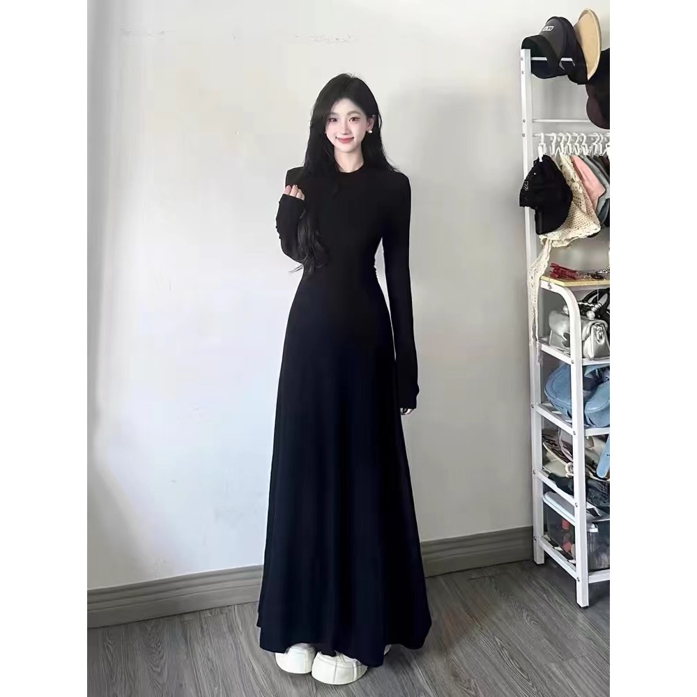 Đầm body dáng dài Váy đen dài tay mùa đông Váy liền dài tay màu đen váy dài kiểu Pháp mẫu đầu thu cho nữ | BigBuy360 - bigbuy360.vn