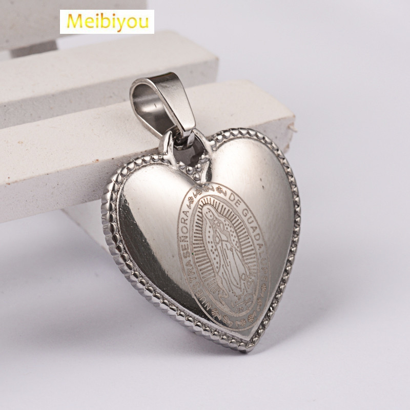 Mặt dây chuyền tôn giáo thép không gỉ 304 hình trái tim với Đức Trinh Nữ Maria/Đức Mẹ Guadalupe
