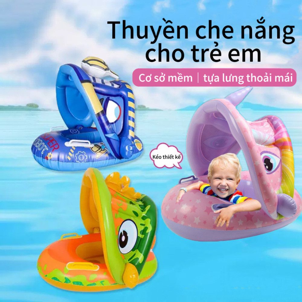 Baby Swimming Seat Boat with Handrails PVC Cartoon Children Swimming Sunshade Boat Detachable Swimmi