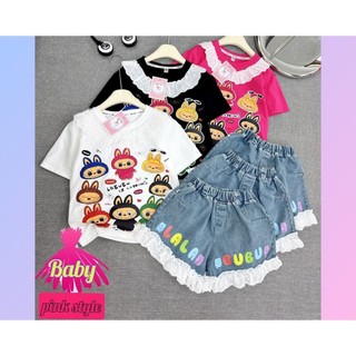 (21kg~45kg) Sét đùi LABUBU Bé Gái size đại , Áo cotton cổ bèo phối  hình LABUBUcực xinh, quần đùi jean phối ren chLABUBU