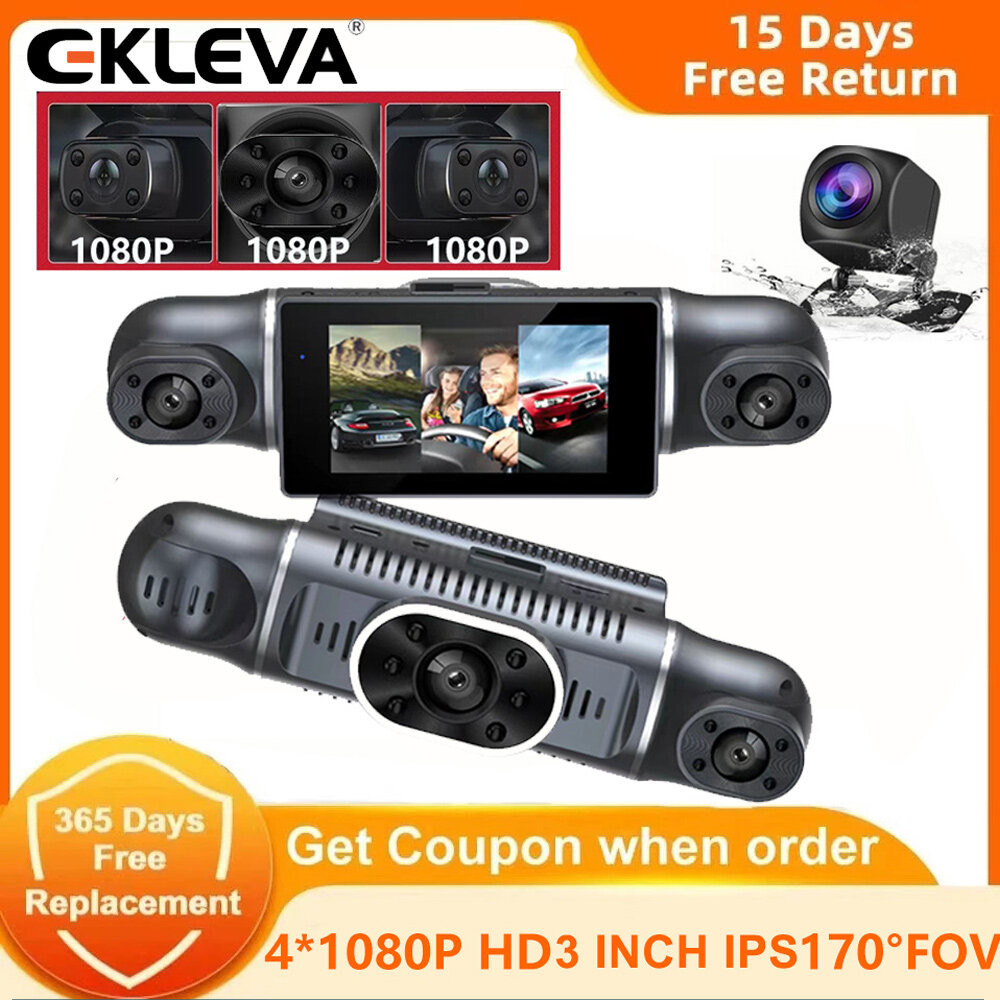 Ekleva 3 Inch 4 Kênh Dash Cam 1080P Camera 4 Chiều Đầu Ghi Video FHD Tầm Nhìn Ban Đêm Cho DVR Xe Tax