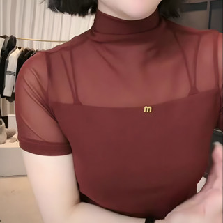  Áo mặc trong lưới ngắn tay áo thời trang mát mẻ ren mỏng phong cách Tây dễ phối đồ nữ 