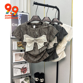 Áo thun ngắn tay cổ tròn nơ kiểu Pháp mùa hè 2024 Ngọt ngào cay Slim-Fit Độc đáo Niche Super All-