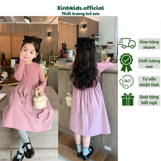 Váy len tăm dáng dài hãng Ambb cho bé gái 3-10 tuổi mùa thu đông, váy bé gái ôm sát màu trơn dài tay phong cách Hàn Quốc