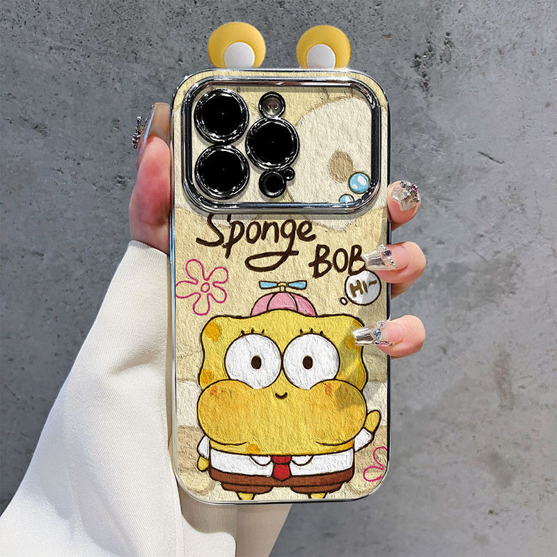 Tai Caton 3D Dễ Thương SpongeBob IPhone Dành Cho 7 / 8 Plus 14 / 13promax 12 / 11 Bao Gồm Tất Cả Mạ Điện Cửa Sổ Lớn Chống Rơi IPhone15 Vỏ Mềm XR / xs Paint
