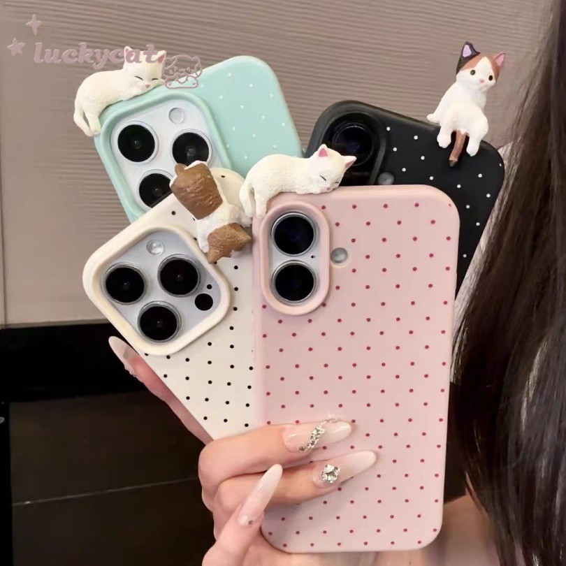 Ốp điện thoại iPhone 16 15 14 13 12 11 Pro Max X Xr Xs Max Phim hoạt hình 3D DIY Cat Fresh Simple Dot Couple Soft Leather Back Cover