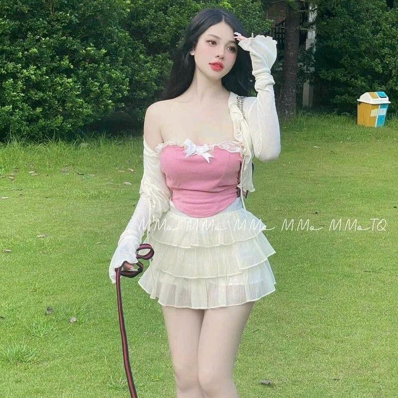Set 3 món áo cúp ngực ren nơ chân váy voan tầng kèm áo khoác cho Nữ Women dưới 53kg - SAM
