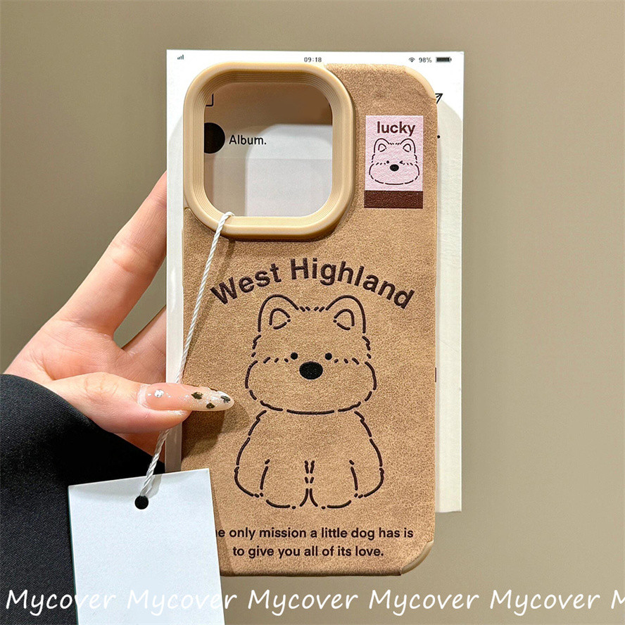 Vỏ Da Cao Cấp Puppy West Highland Cho iPhone 11 12 13 14 15 16 Pro Max Bảo Vệ Không Dấu Vân Tay Không Giữ Mồ Hôi Vỏ Điện Thoại Maillard Màu Nâu Phong Cách Retro
