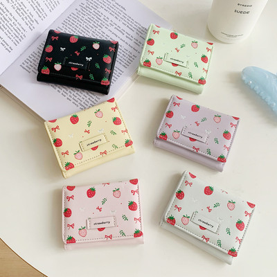 Phụ Nữ Hoạt Hình Nơ Dâu In Ví Mini Ngắn Gấp Ba Hộp Đựng Thẻ Đa Năng Dung Tích Lớn Ví Đựng Tiền Mặt