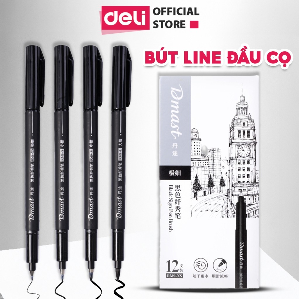 Bút Line Đi Nét Đầu Cọ Ngòi Mềm Kháng Nước Nhiều Size Deli Bút Viết Thư Pháp Calligraphy Vẽ Mỹ Thuật