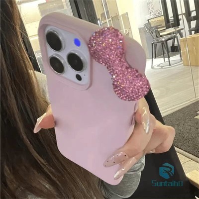 Ốp Điện Thoại Suntaiho Màu Hồng Dễ Thương Nơ Lấp Lánh DIY Silicone Mềm Cao Cấp Chống Sốc Cho iPhone 11 12 13 14 15 16 Pro Max IP 7 8 Plus Iphon X XS XR Xs max